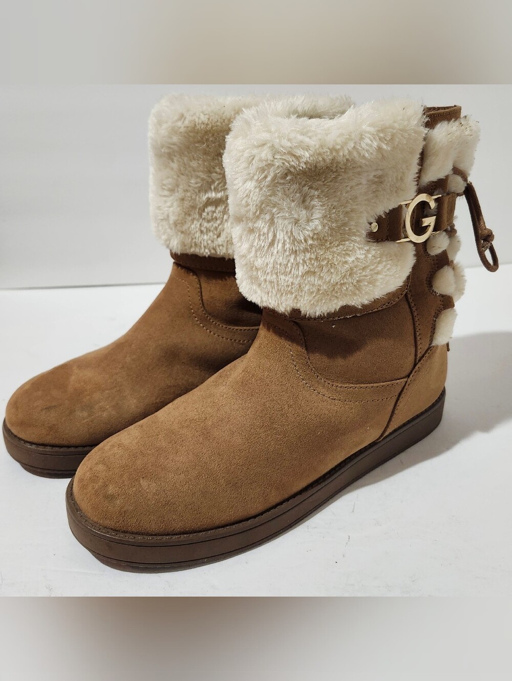 G By Guess Chestnut Suede Ankle Boots with Cream Faux-Fur Cuff